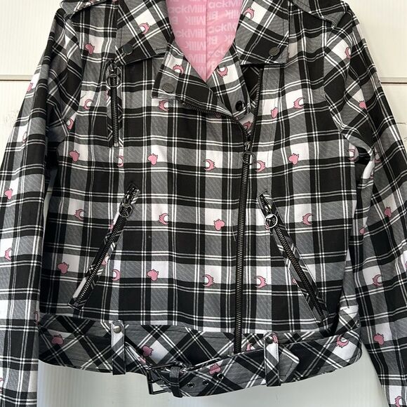 BlackMilk Tartan Heart Moto Jack Women's Size 12 Black Pink Plaid Biker NEW - Picture 4 of 16